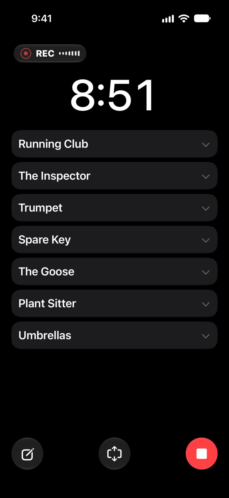 Live Show: elapsed and remaining time, recording, with the set list under the timer