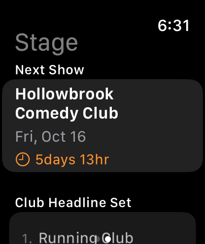 Bitbook on Apple Watch: the next show, with its set list under it